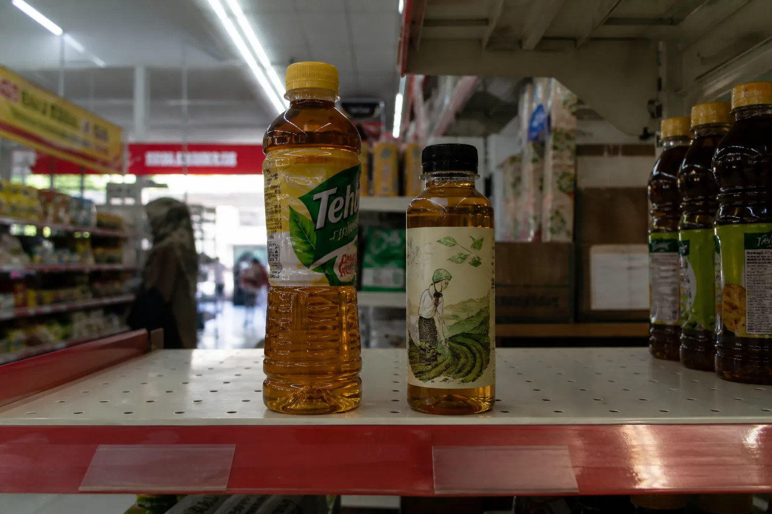 Dua botol teh berbeda di rak toko, sudut pandang pembeli